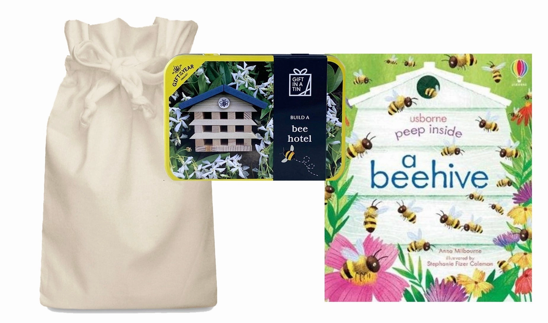 A Beehive Story Sack with a Build a Bee Hotel Tin World Expansion Library Corner