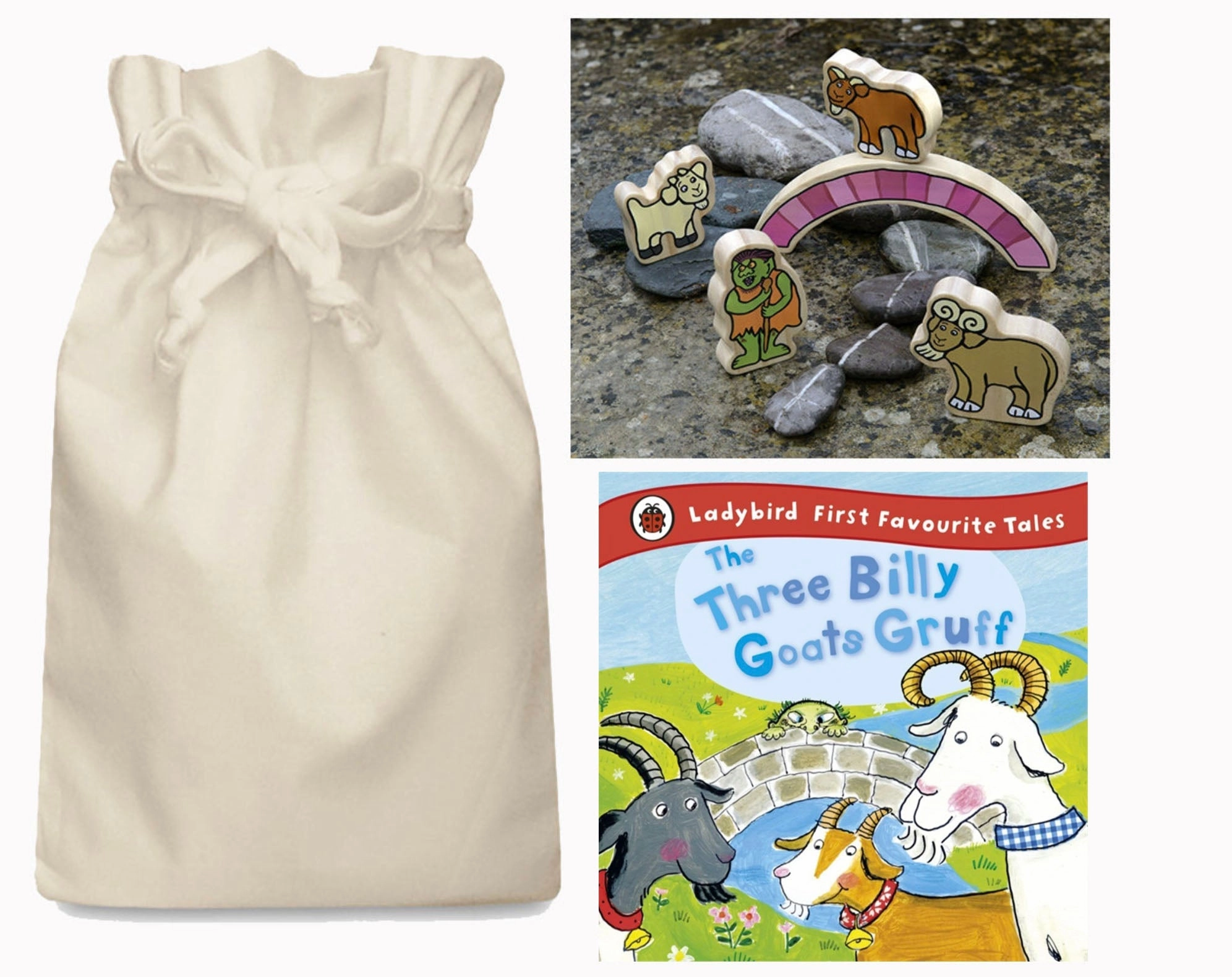 Billy Goats Gruff Story Sack with wooden characters Hidden Treasure Arctic Survival
