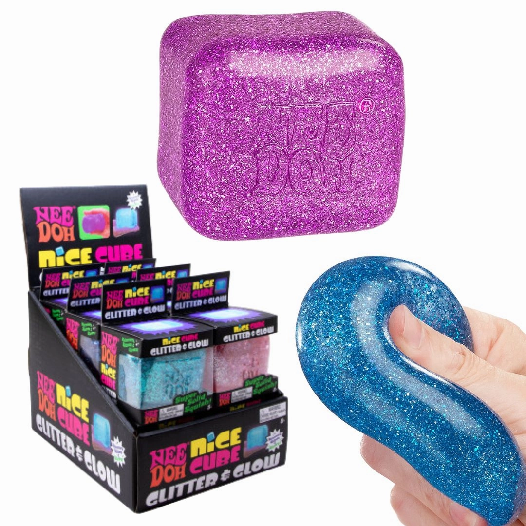NeeDoh Nice Cube Glitter and Glow Sensory Fidget Toy Tennis Racket Function Expansion