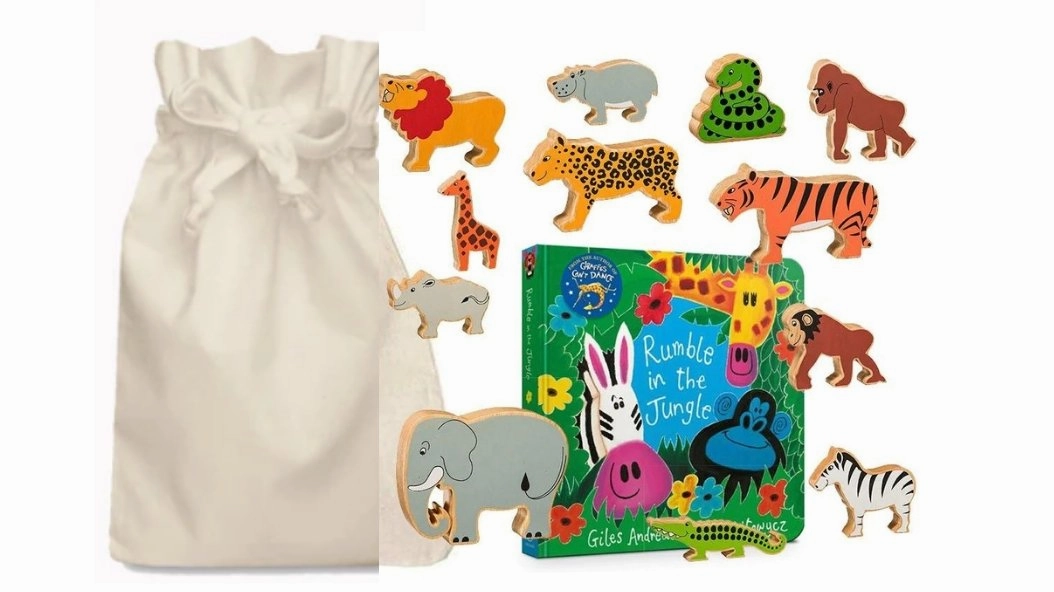 Rumble in the Jungle Story Sack with Lanka Kade Wooden Animals Magnetic Field Appreciation Demonstrate