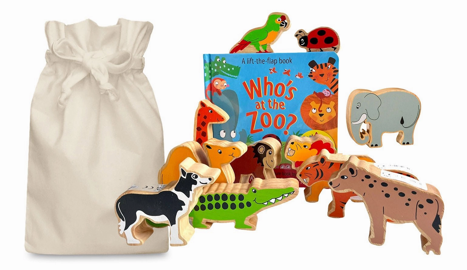 Visual Effect Equality Promote Who's at the Zoo Story Sack with Lanka Kade Wooden Animals