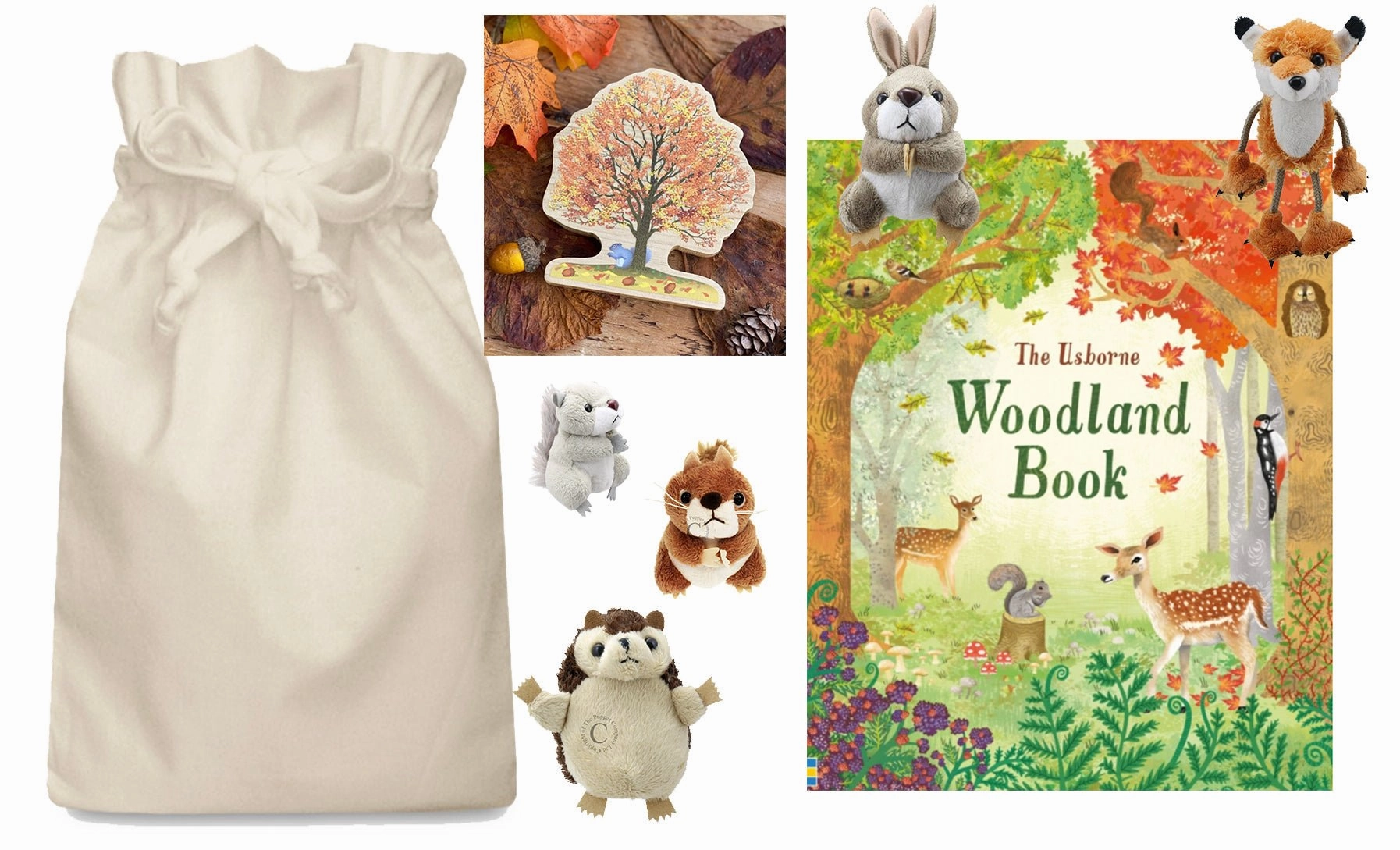 Woodland Story Sack with Finger Puppets and Wooden Tree Bead Craft Shape Sorter