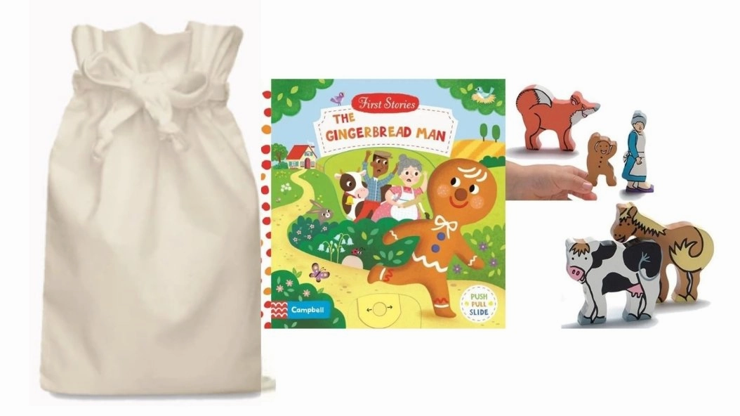 Elementary Age Gingerbread Man Story Sack with Yellow Door Wooden Characters