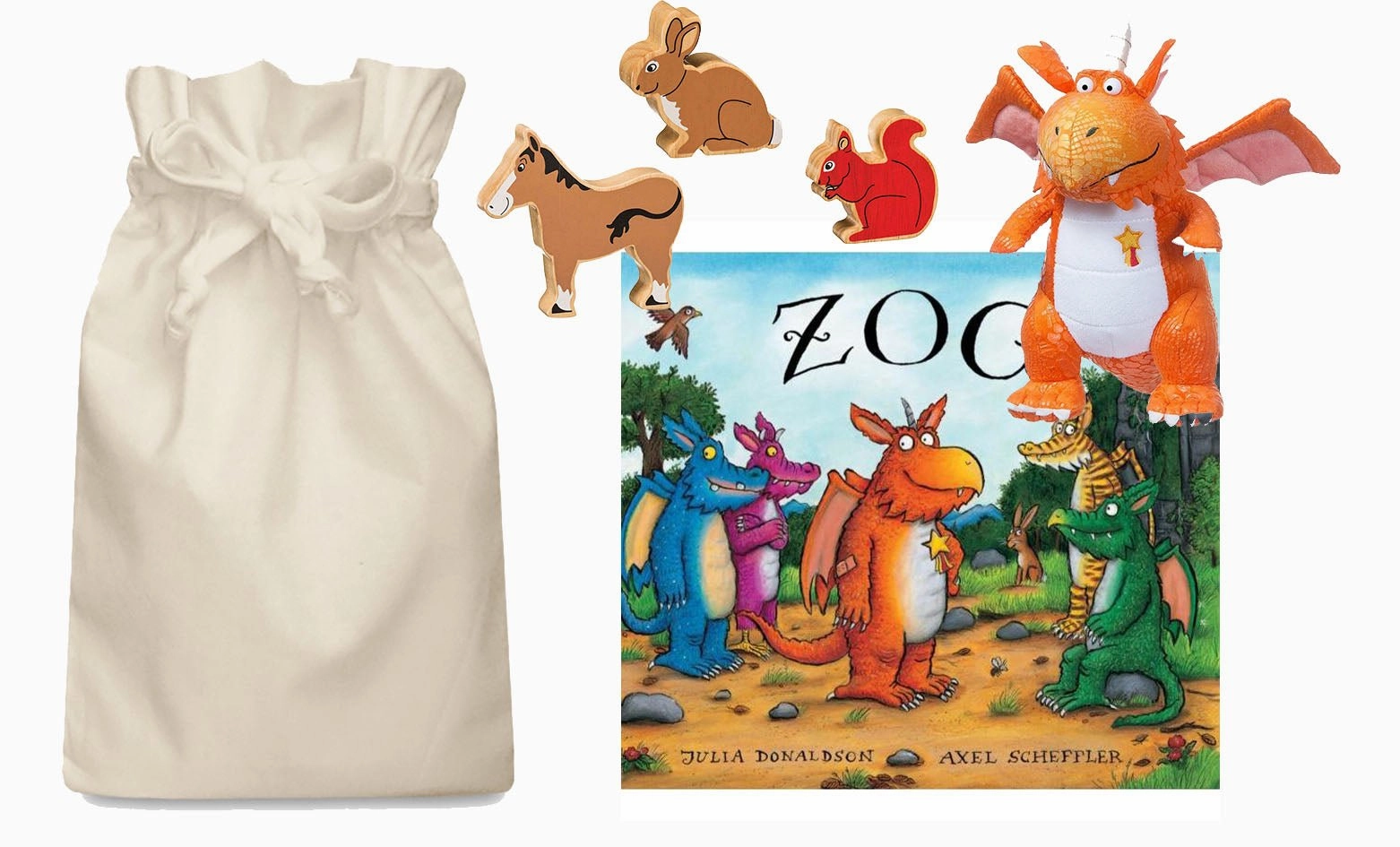 Zog Story Sack with Lanka Kade Wooden Animals and Zog Soft Toy Organic Cotton