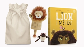 The Lion Inside Story Sack with Hand Puppet and Finger Puppet Sculpture Material Farm Yard