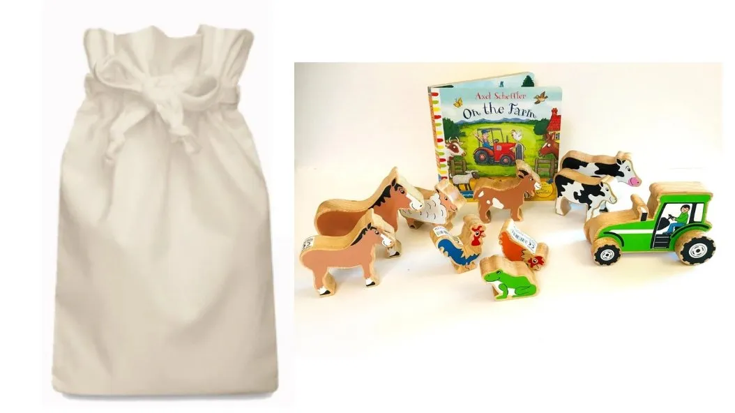 Volcano Eruption Amplitude Change On the Farm Story Sack with Lanka Kade Wooden Animals and Tractor